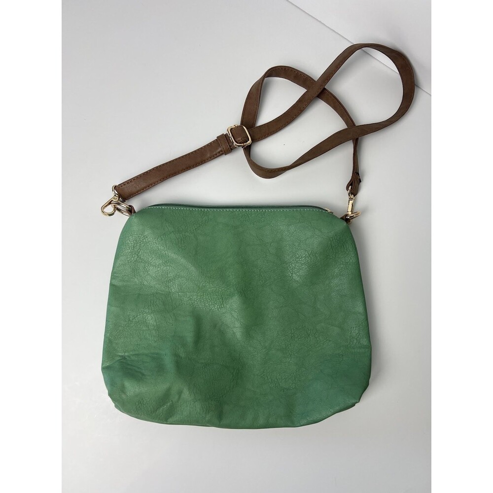 Liz Soto Green Faux Leather Crossbody Bag Brown Strap Zipper Top Shoulder Purse